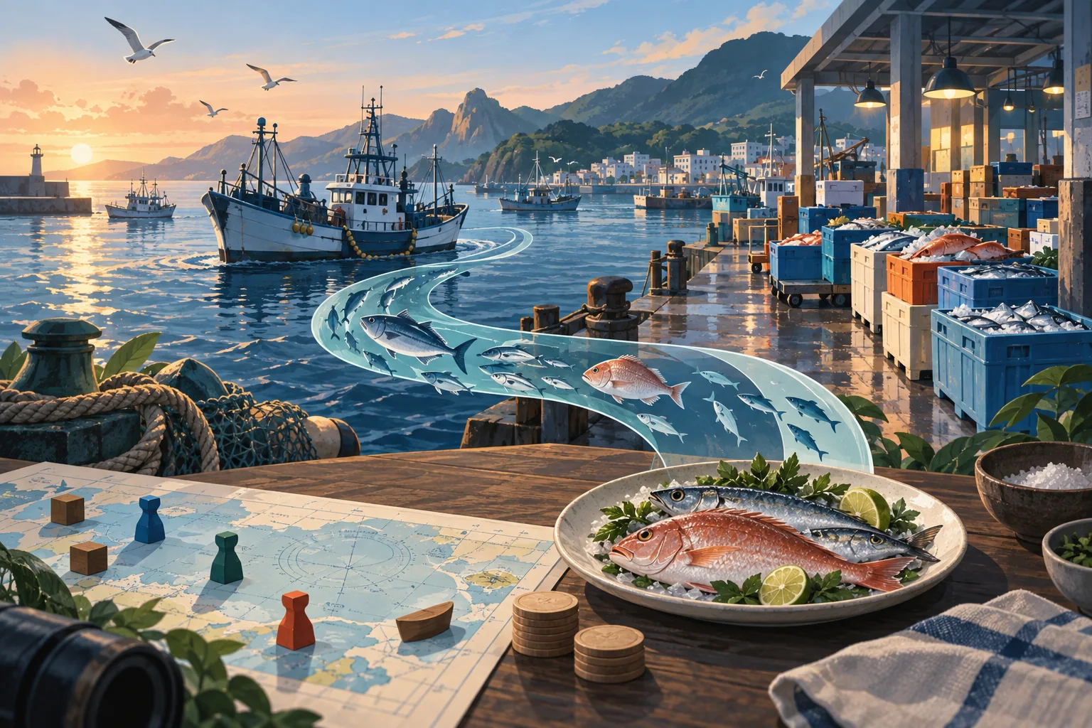漁船、魚市場與餐桌海鮮以海流串聯的插畫
